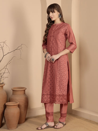 Peach Embroidered Viscose Women's Kurta, Pyjama & Dupatta Set