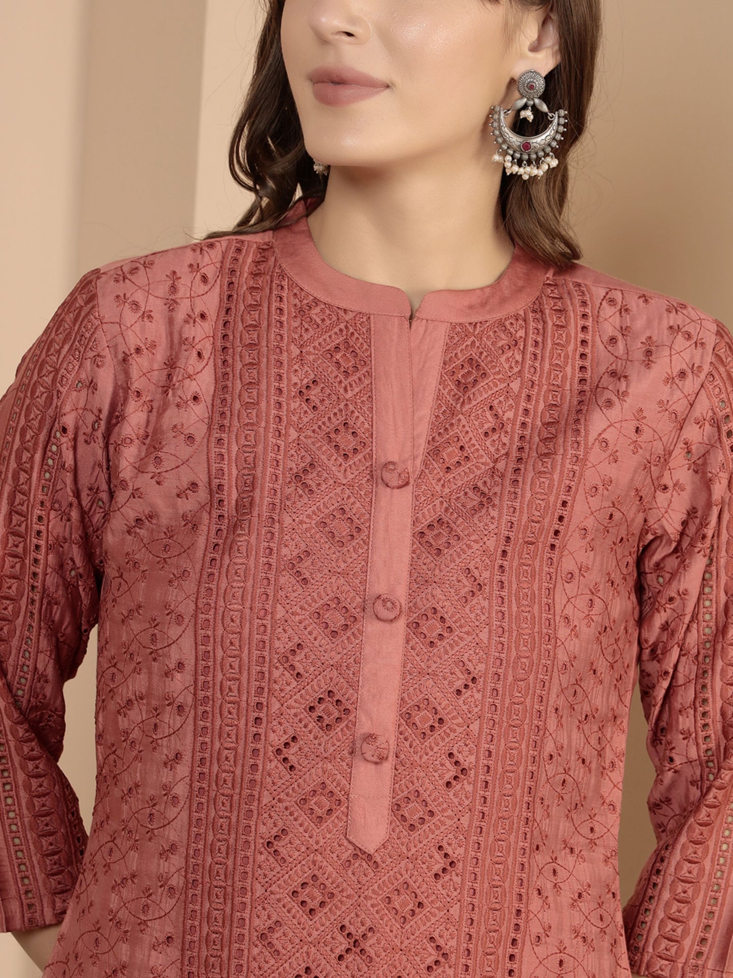 Peach Embroidered Viscose Women's Kurta, Pyjama & Dupatta Set