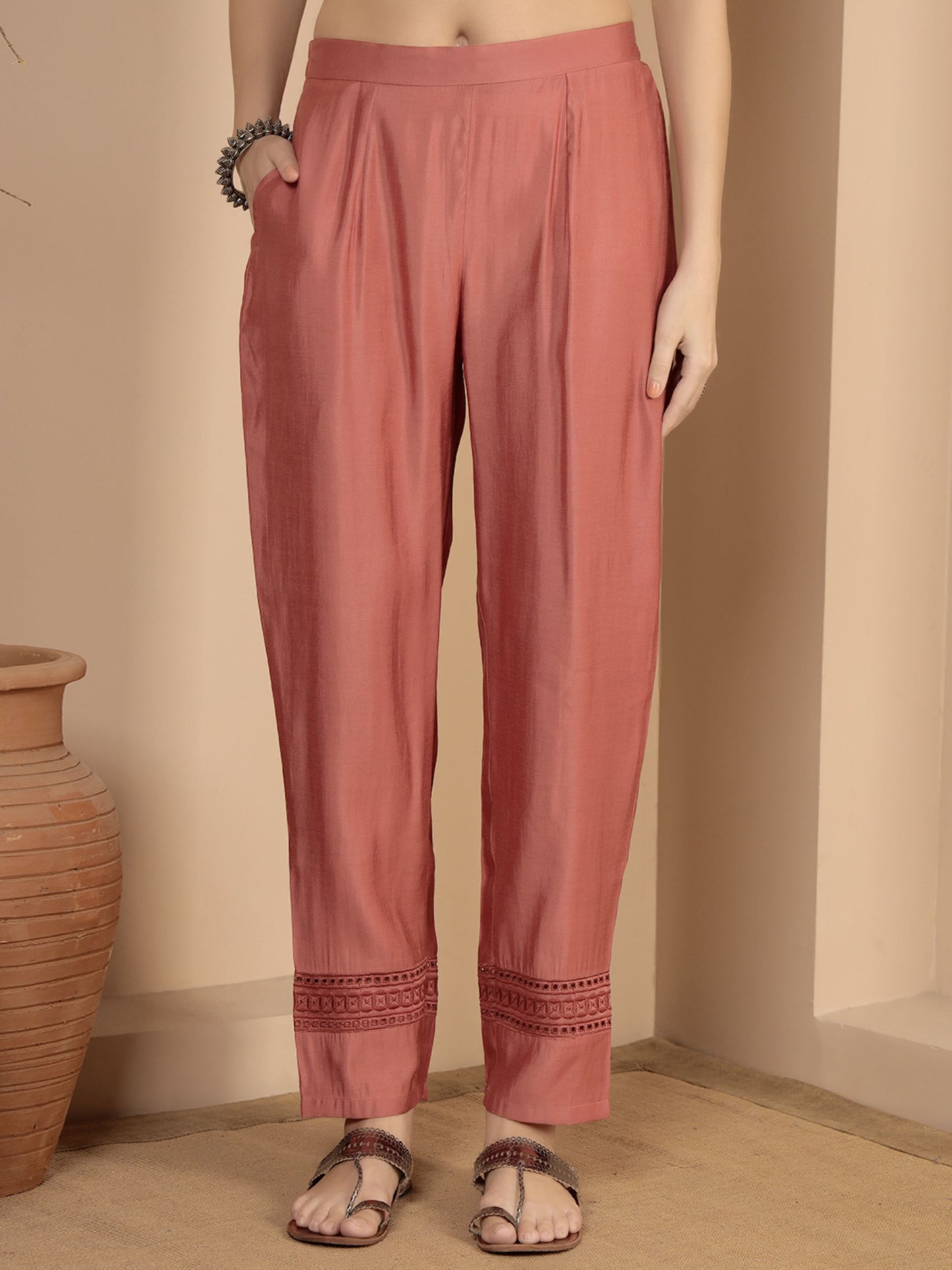 Peach Embroidered Viscose Women's Kurta, Pyjama & Dupatta Set