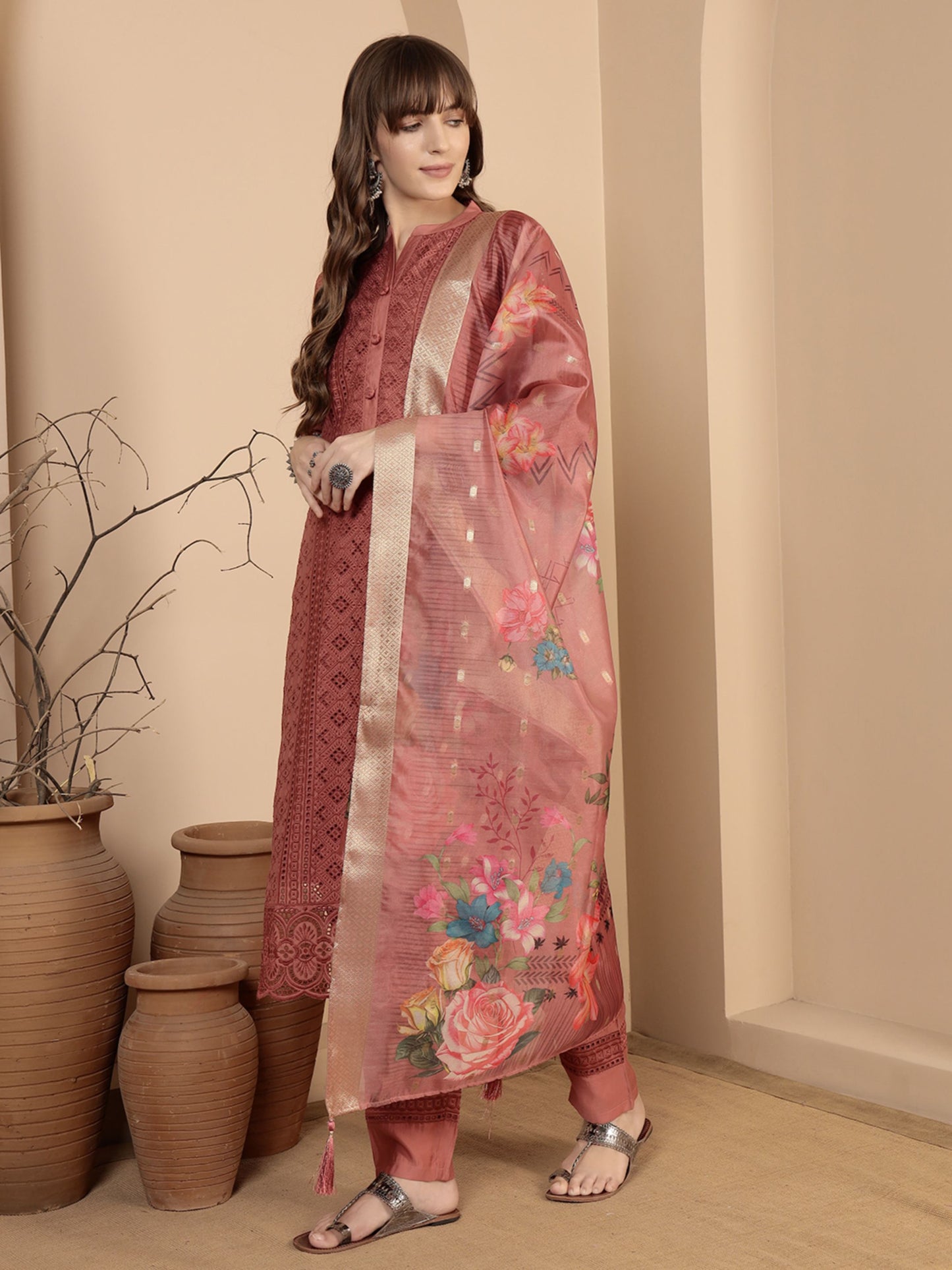 Peach Embroidered Viscose Women's Kurta, Pyjama & Dupatta Set