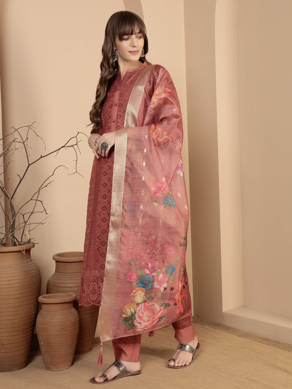 Peach Embroidered Viscose Women's Kurta, Pyjama & Dupatta Set
