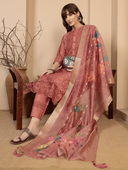 Peach Embroidered Viscose Women's Kurta, Pyjama & Dupatta Set