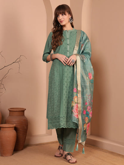 Dusty Sage Embroidered Viscose Women's Kurta, Pyjama & Dupatta Set