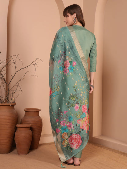 Dusty Sage Embroidered Viscose Women's Kurta, Pyjama & Dupatta Set