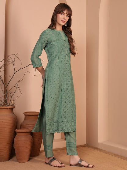 Dusty Sage Embroidered Viscose Women's Kurta, Pyjama & Dupatta Set