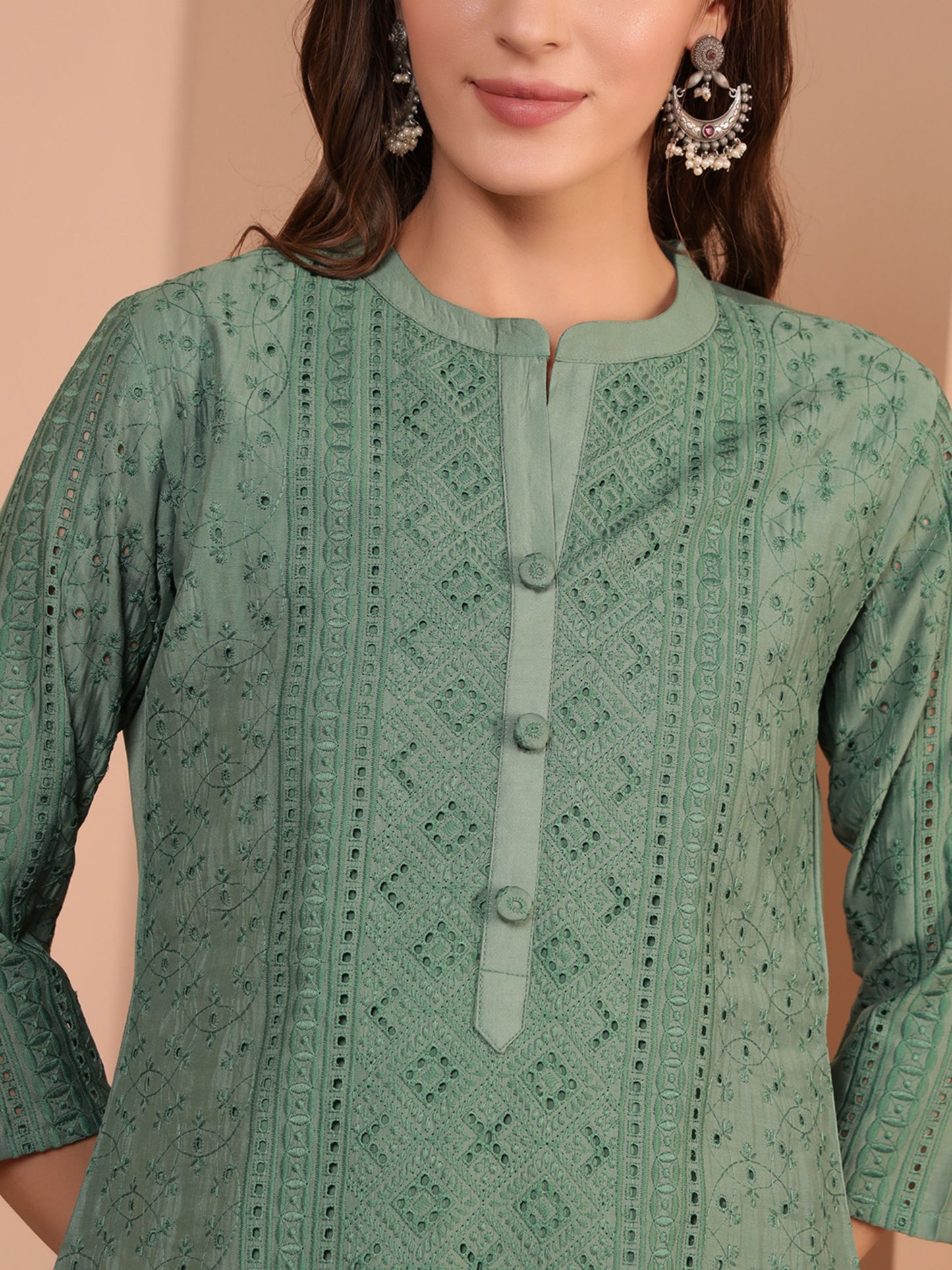 Dusty Sage Embroidered Viscose Women's Kurta, Pyjama & Dupatta Set