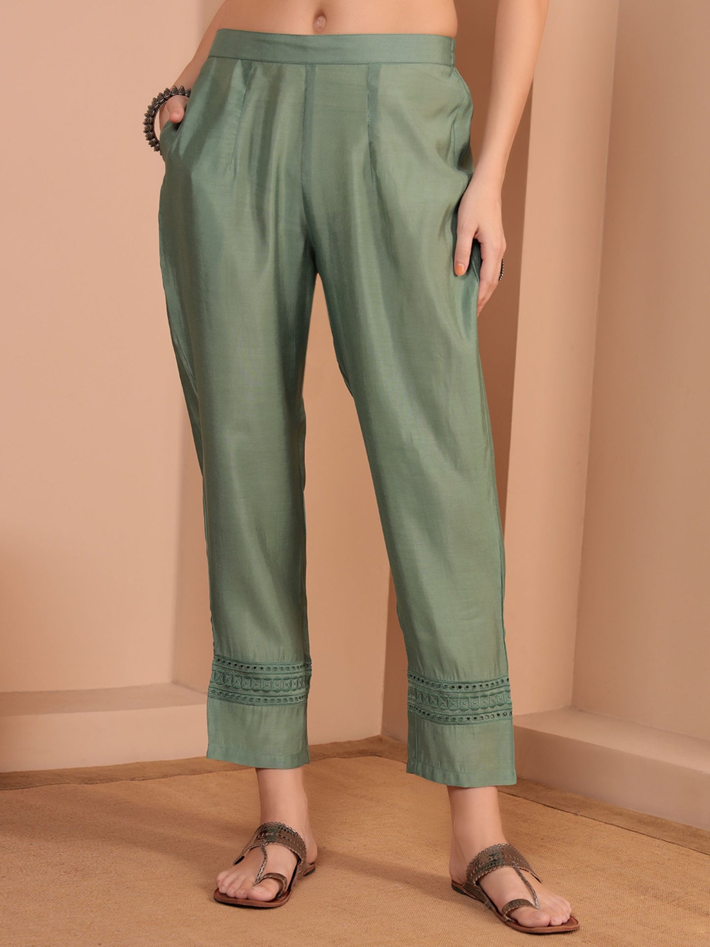 Dusty Sage Embroidered Viscose Women's Kurta, Pyjama & Dupatta Set