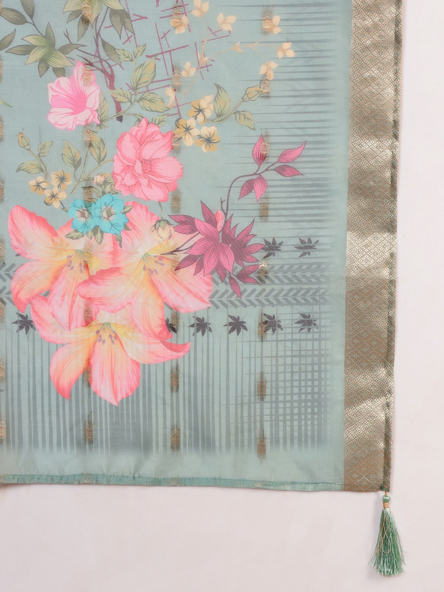 Dusty Sage Embroidered Viscose Women's Kurta, Pyjama & Dupatta Set