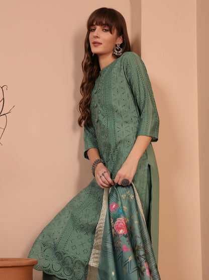 Dusty Sage Embroidered Viscose Women's Kurta, Pyjama & Dupatta Set