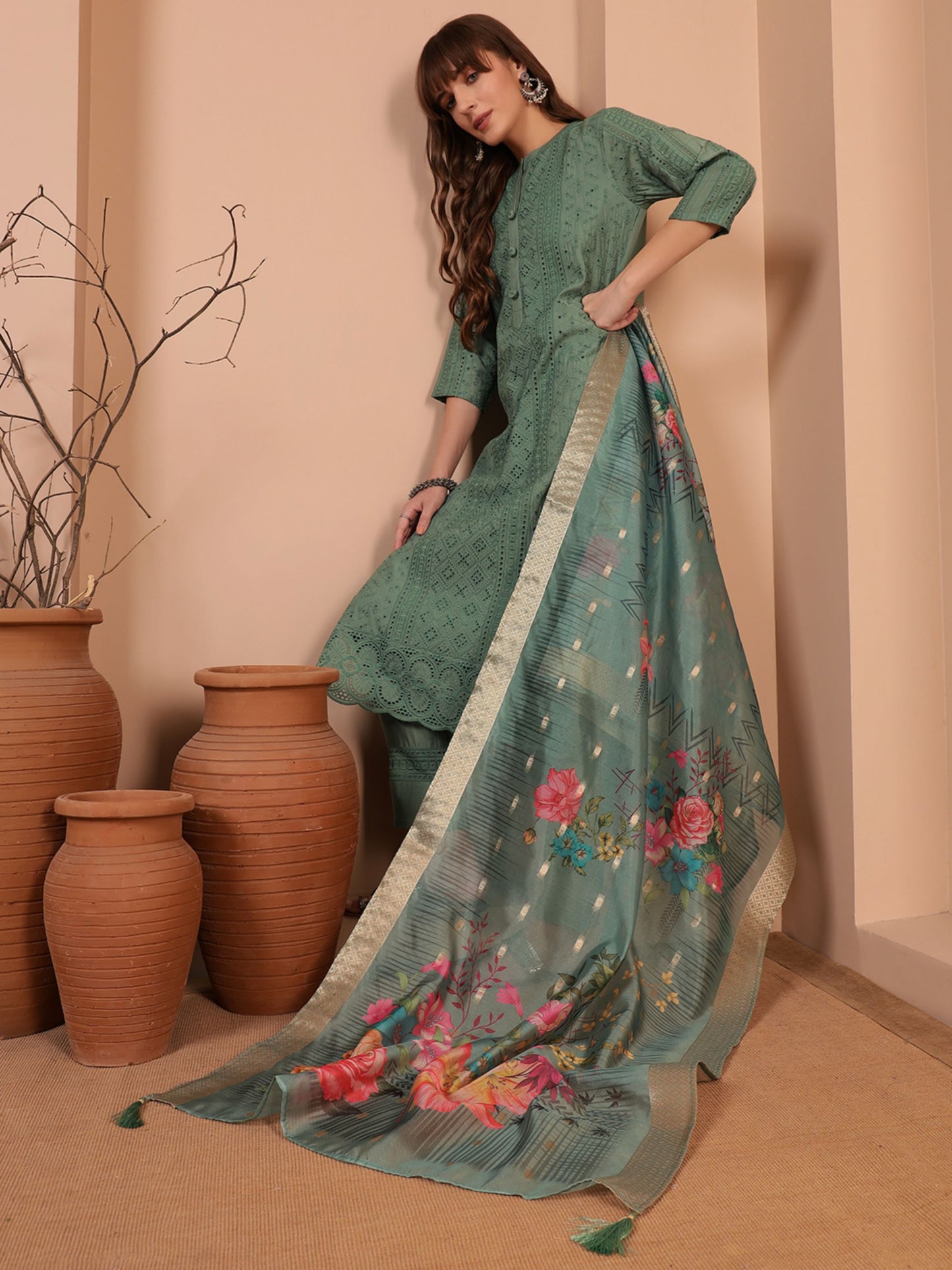 Dusty Sage Embroidered Viscose Women's Kurta, Pyjama & Dupatta Set