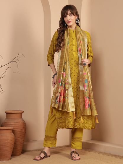 Dijon Yellow Embroidered Viscose Women's Kurta, Pyjama & Dupatta Set
