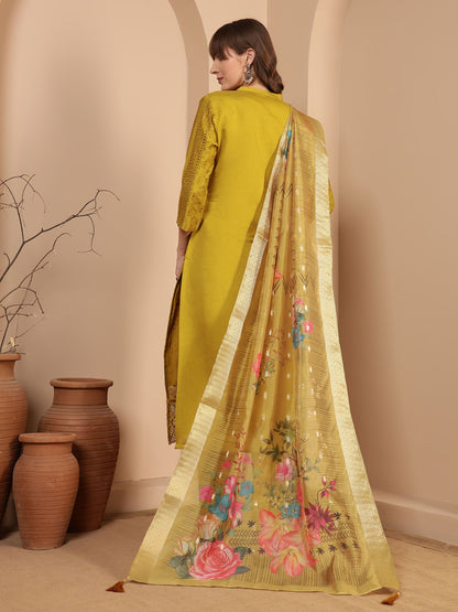 Dijon Yellow Embroidered Viscose Women's Kurta, Pyjama & Dupatta Set