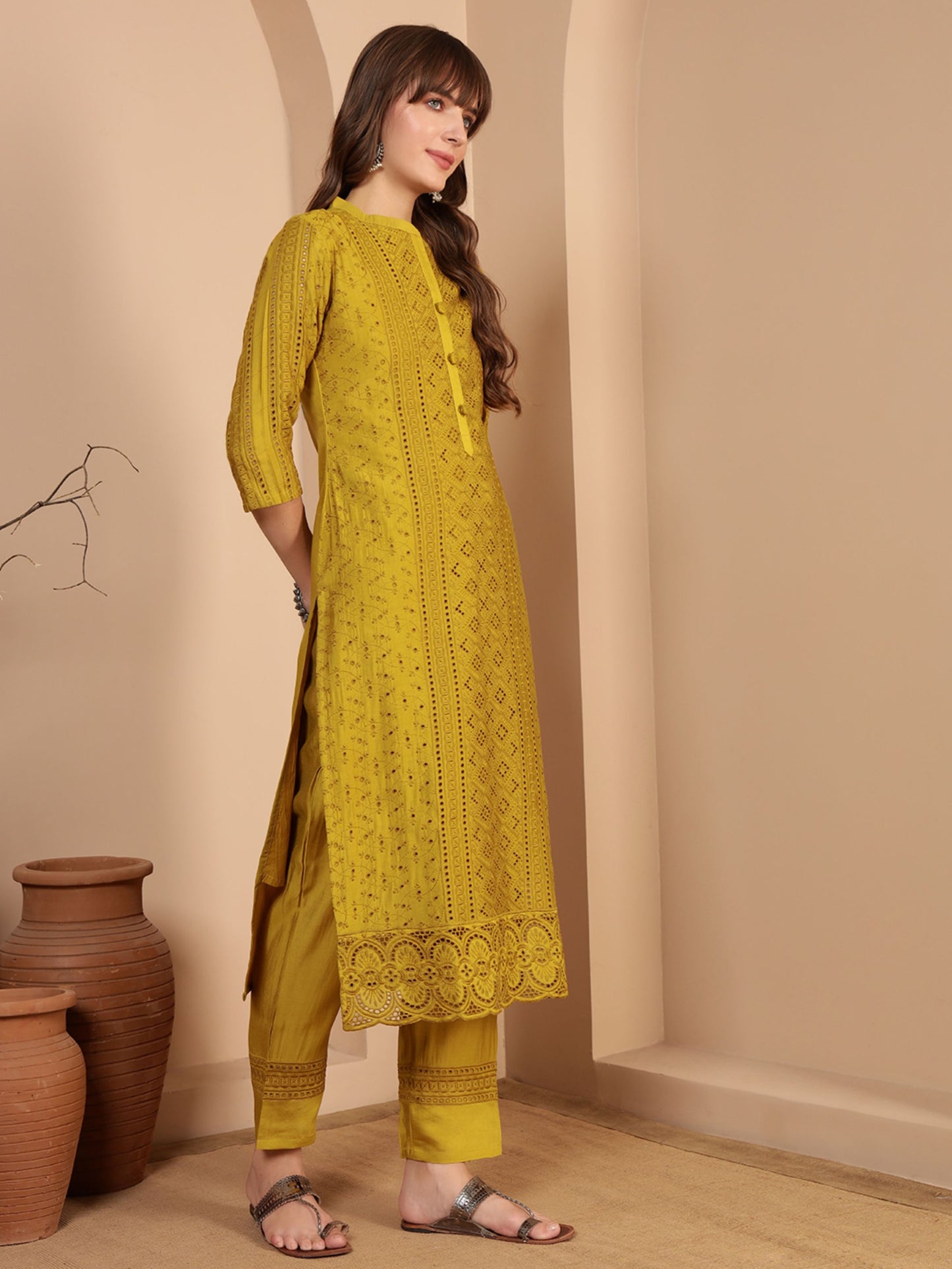 Dijon Yellow Embroidered Viscose Women's Kurta, Pyjama & Dupatta Set