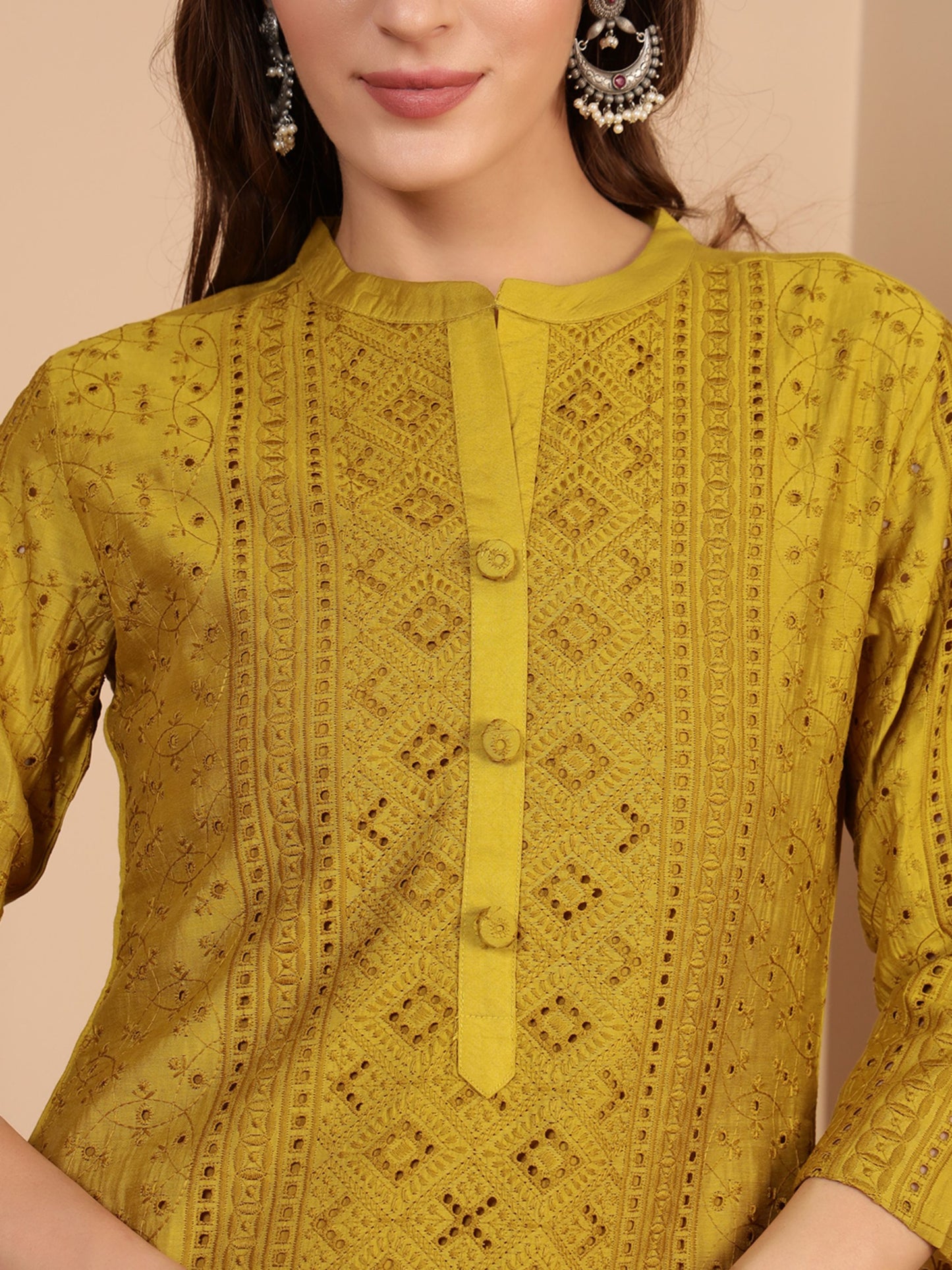 Dijon Yellow Embroidered Viscose Women's Kurta, Pyjama & Dupatta Set