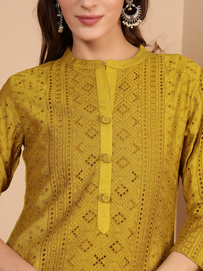 Dijon Yellow Embroidered Viscose Women's Kurta, Pyjama & Dupatta Set