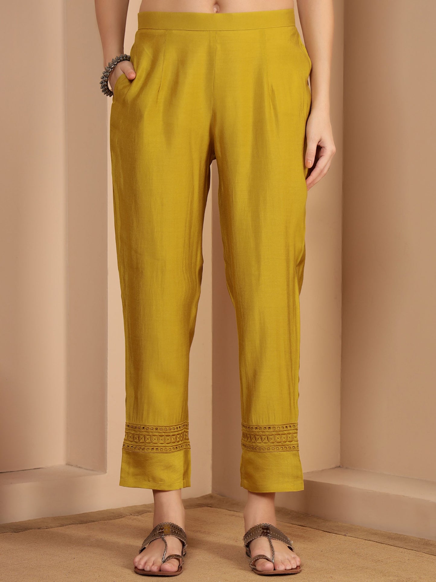 Dijon Yellow Embroidered Viscose Women's Kurta, Pyjama & Dupatta Set