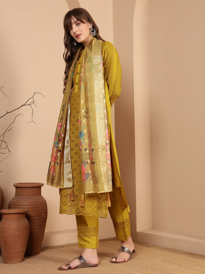 Dijon Yellow Embroidered Viscose Women's Kurta, Pyjama & Dupatta Set