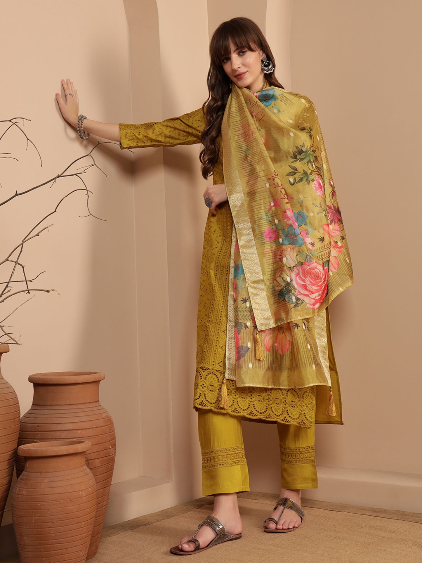 Dijon Yellow Embroidered Viscose Women's Kurta, Pyjama & Dupatta Set