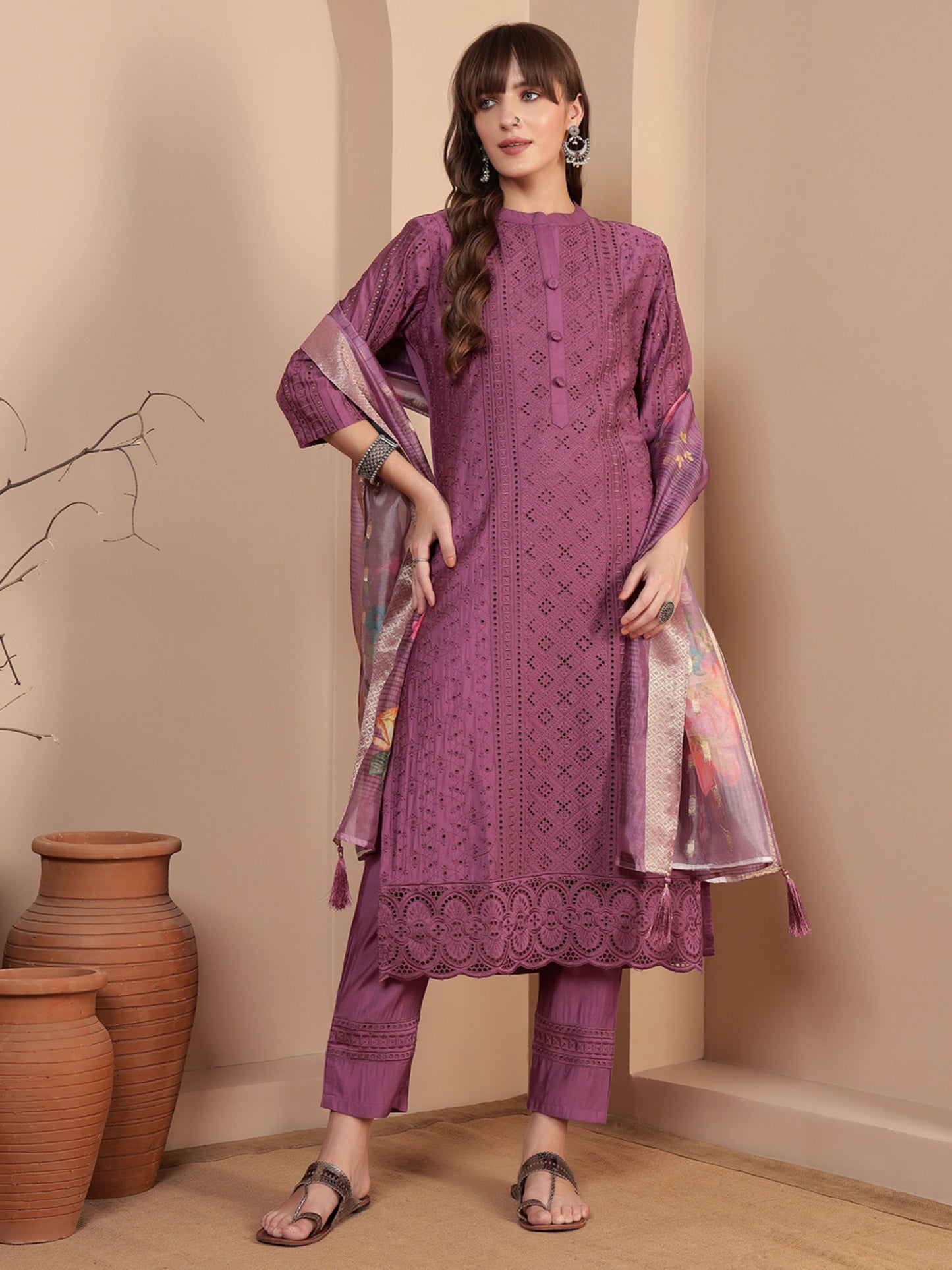 Deep Ruby Embroidered Viscose Women's Kurta, Pyjama & Dupatta Set