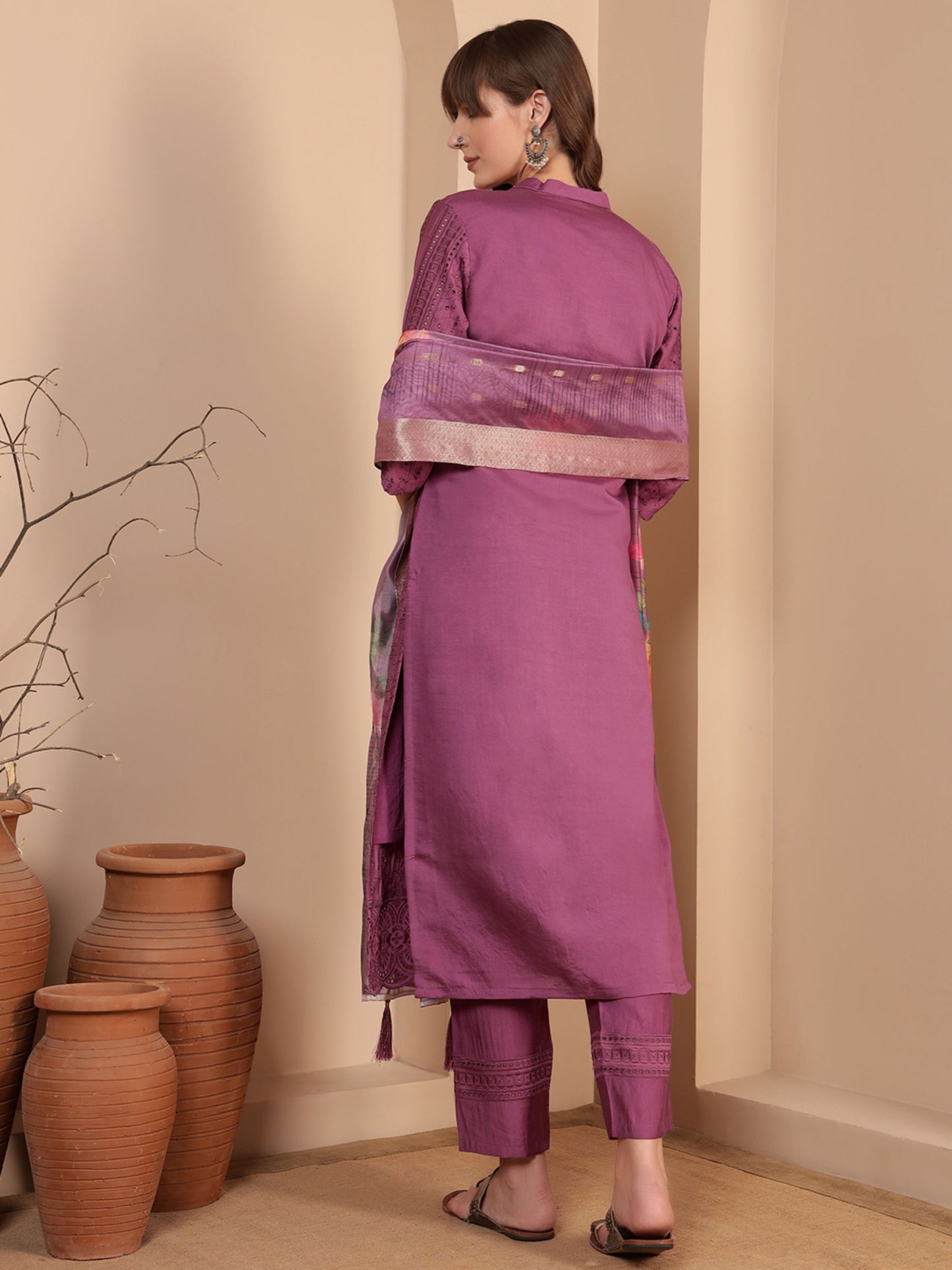 Deep Ruby Embroidered Viscose Women's Kurta, Pyjama & Dupatta Set