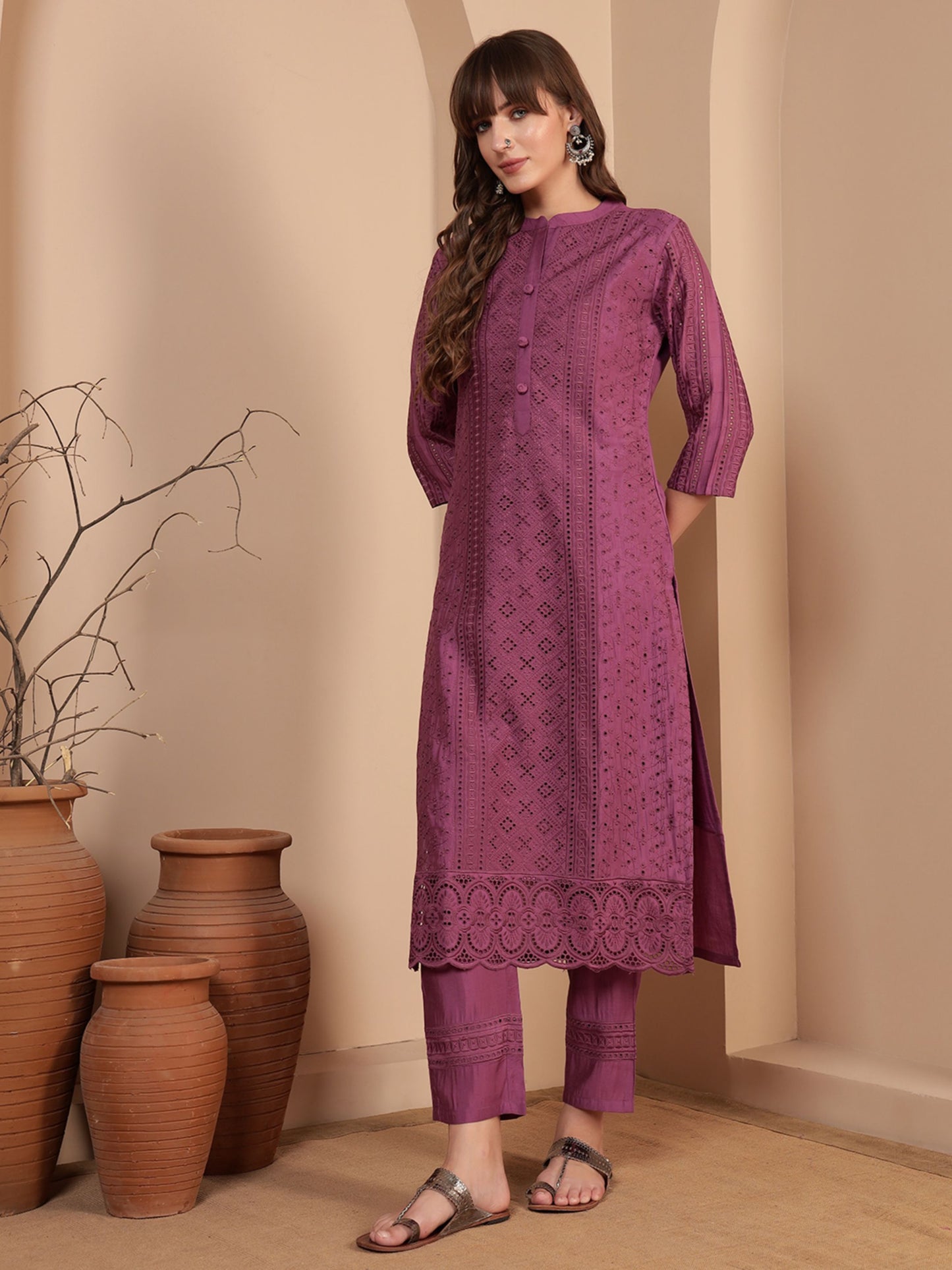 Deep Ruby Embroidered Viscose Women's Kurta, Pyjama & Dupatta Set