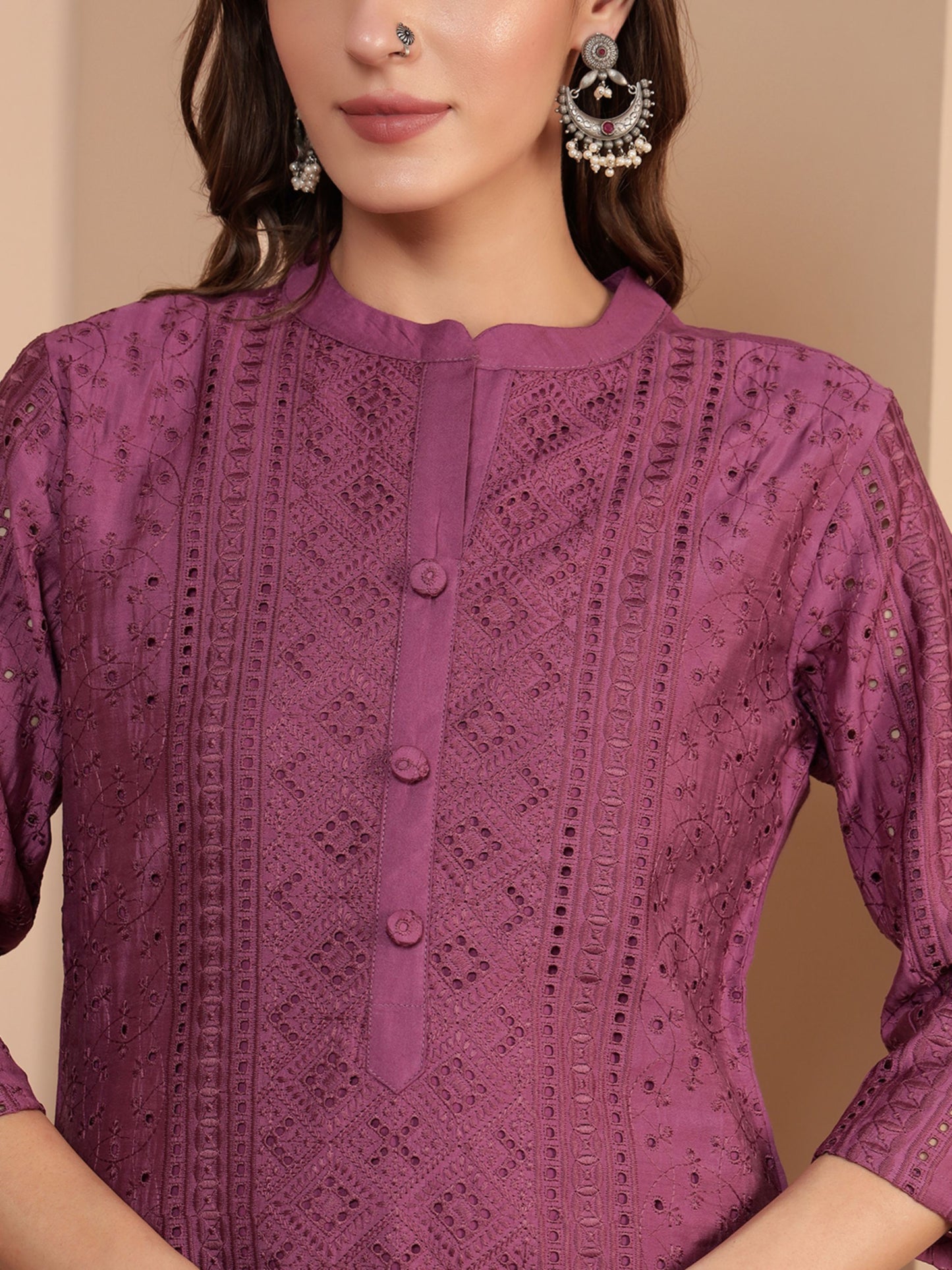 Deep Ruby Embroidered Viscose Women's Kurta, Pyjama & Dupatta Set