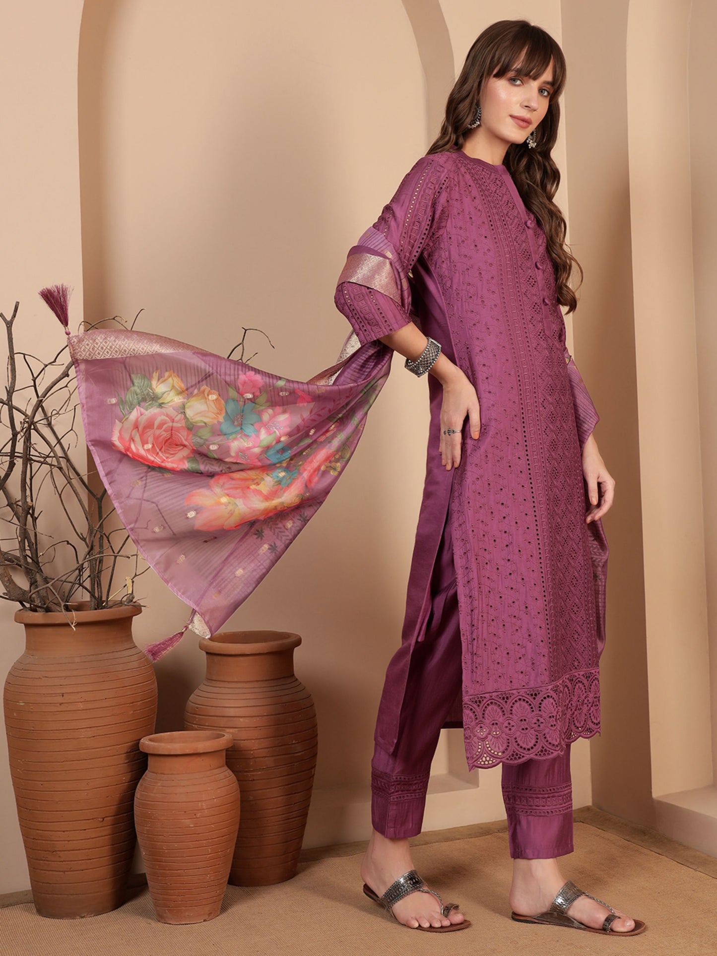 Deep Ruby Embroidered Viscose Women's Kurta, Pyjama & Dupatta Set