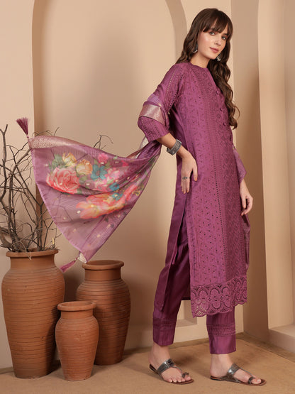 Deep Ruby Embroidered Viscose Women's Kurta, Pyjama & Dupatta Set