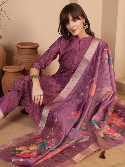 Deep Ruby Embroidered Viscose Women's Kurta, Pyjama & Dupatta Set