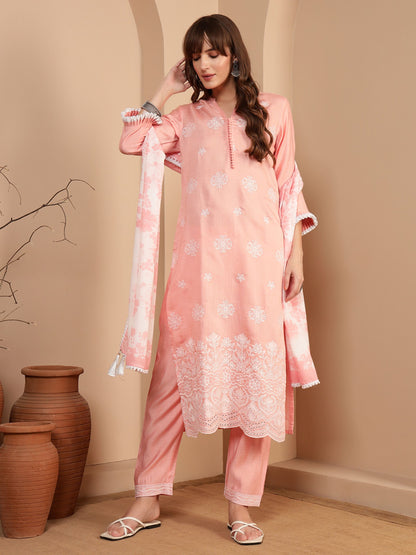 Peach Embroidered Viscose Women's Kurta, Pyjama & Dupatta Set