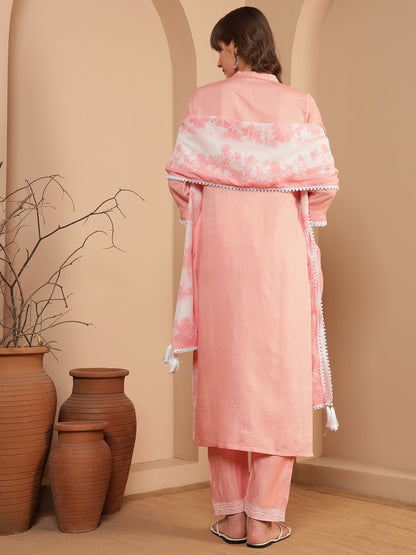 Peach Embroidered Viscose Women's Kurta, Pyjama & Dupatta Set