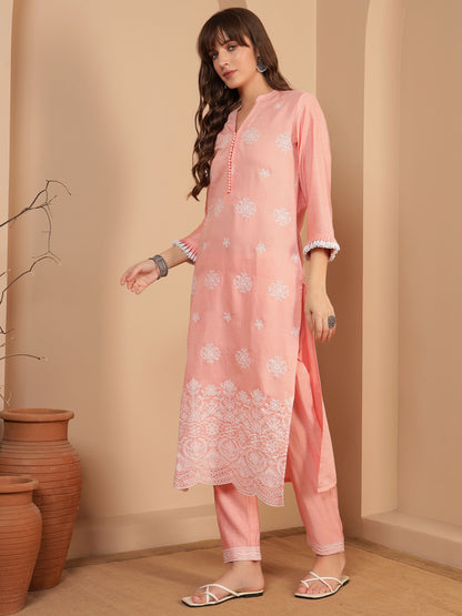 Peach Embroidered Viscose Women's Kurta, Pyjama & Dupatta Set