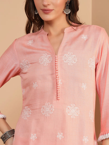 Peach Embroidered Viscose Women's Kurta, Pyjama & Dupatta Set