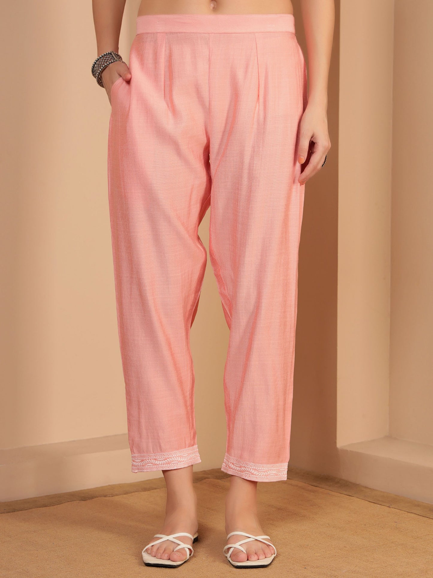 Peach Embroidered Viscose Women's Kurta, Pyjama & Dupatta Set