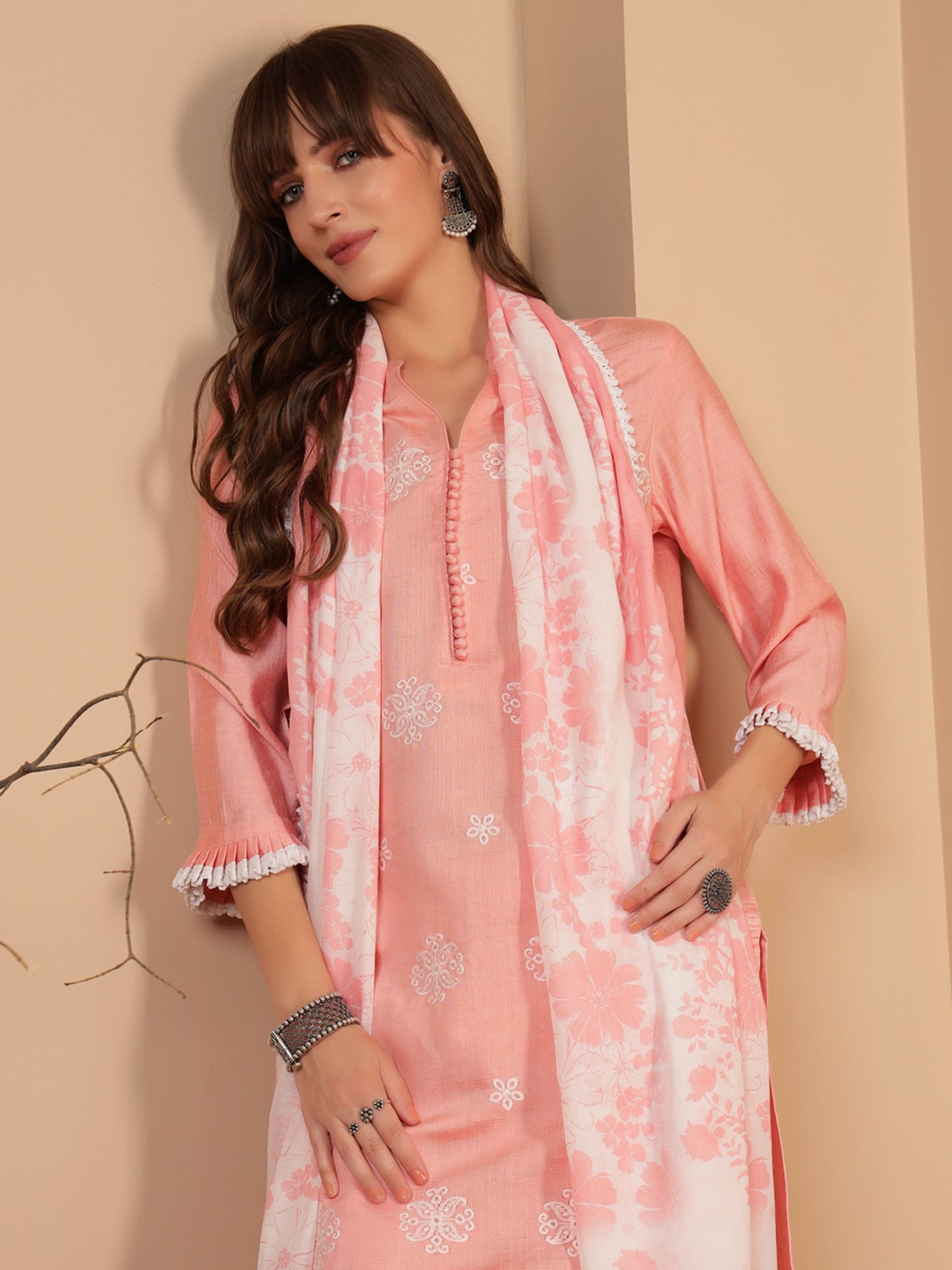 Peach Embroidered Viscose Women's Kurta, Pyjama & Dupatta Set
