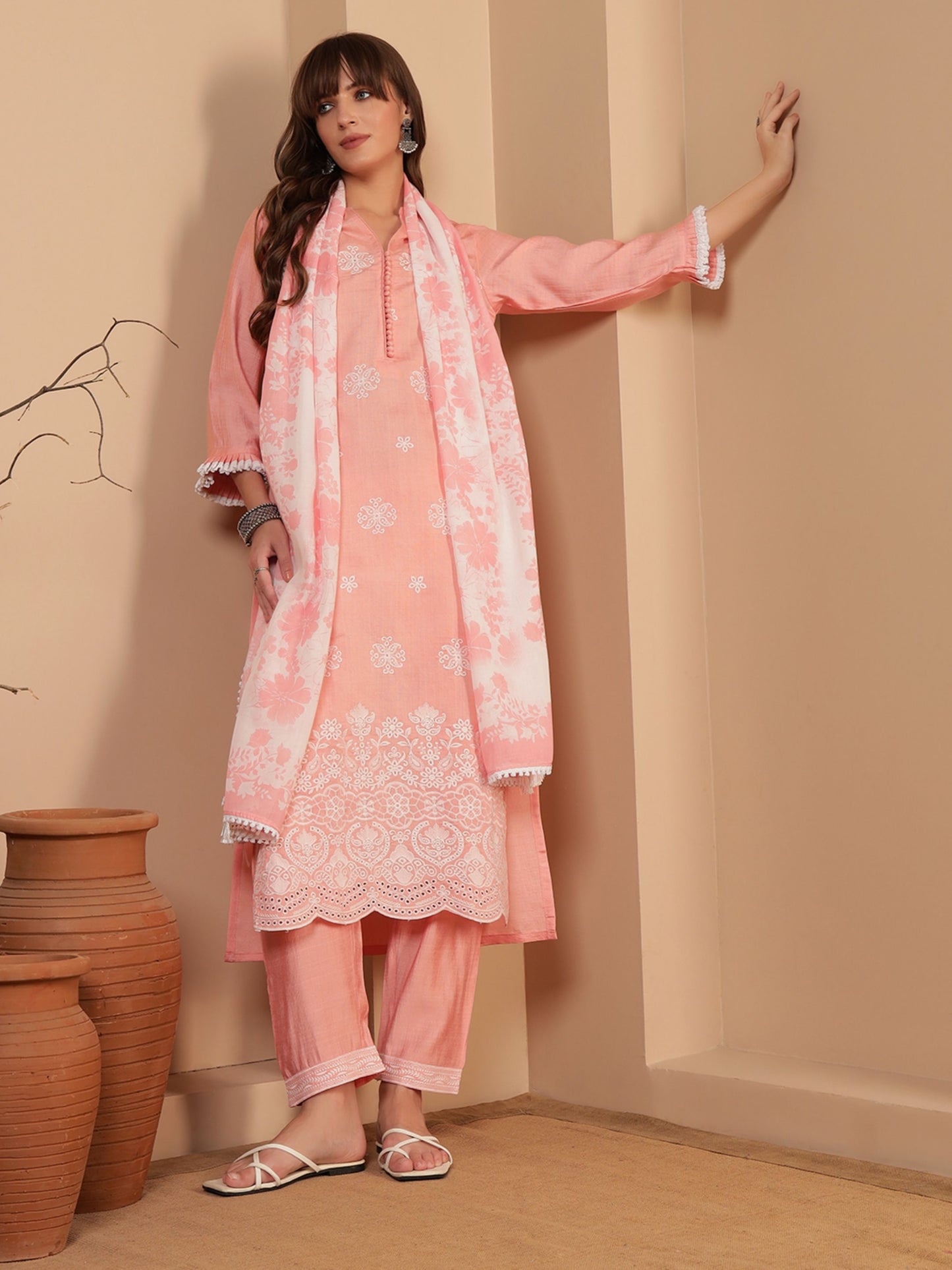 Peach Embroidered Viscose Women's Kurta, Pyjama & Dupatta Set