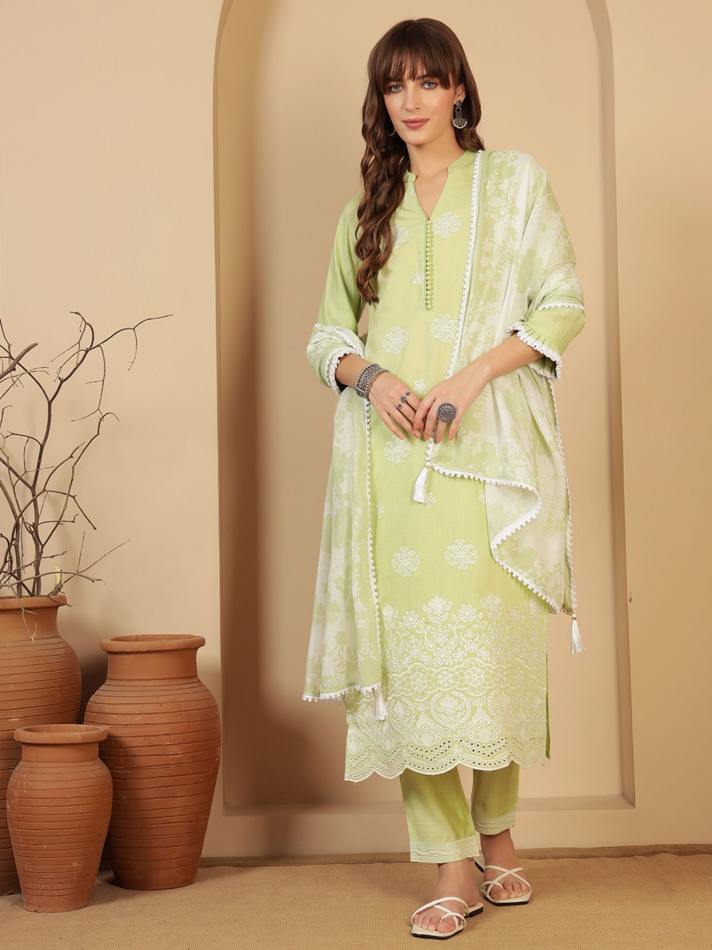 Pastel Green Embroidered Viscose Women's Kurta, Pyjama & Dupatta Set
