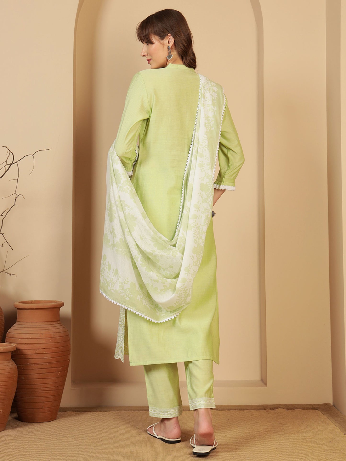 Pastel Green Embroidered Viscose Women's Kurta, Pyjama & Dupatta Set