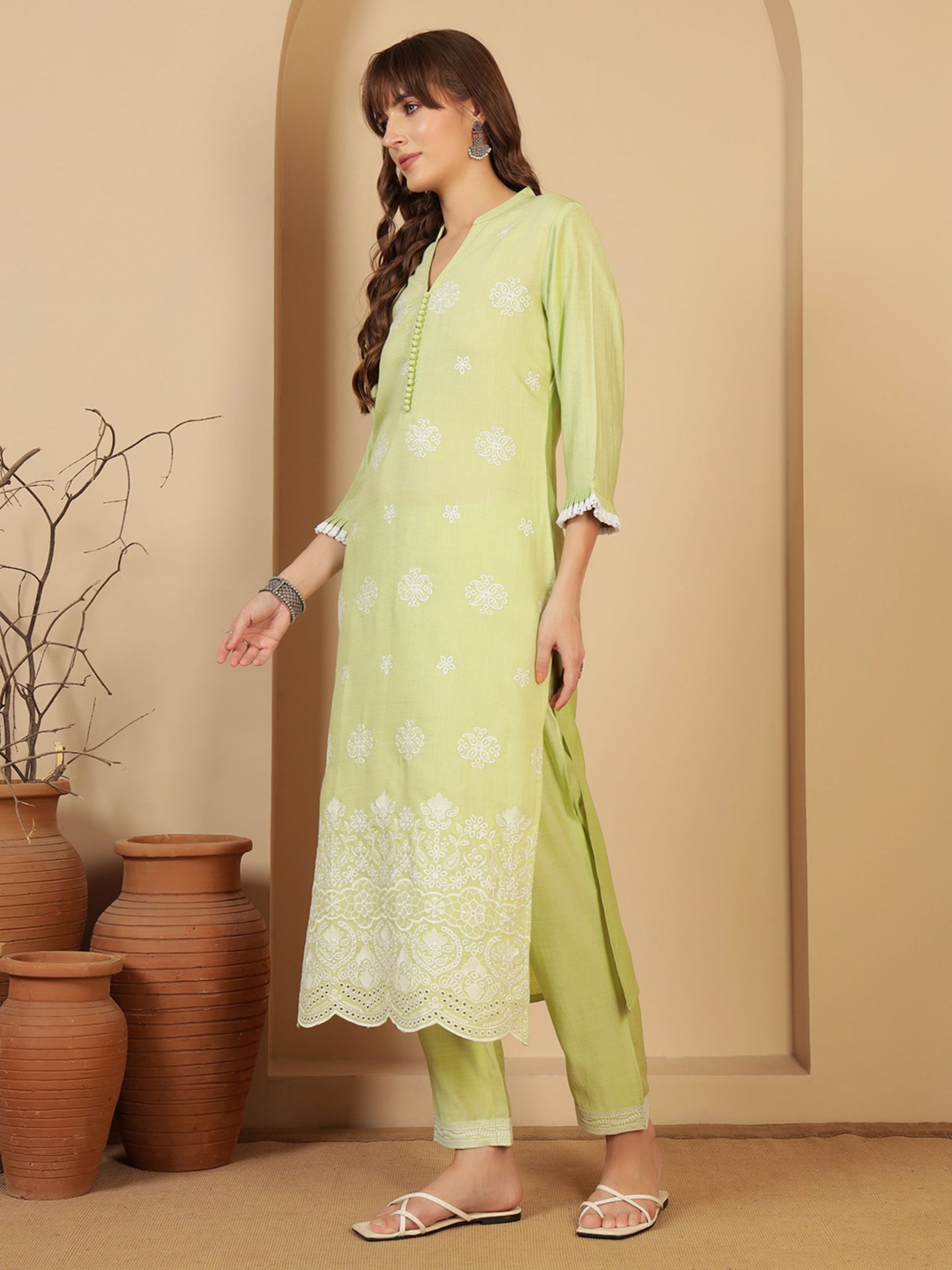 Pastel Green Embroidered Viscose Women's Kurta, Pyjama & Dupatta Set