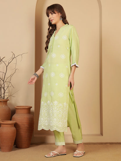 Pastel Green Embroidered Viscose Women's Kurta, Pyjama & Dupatta Set