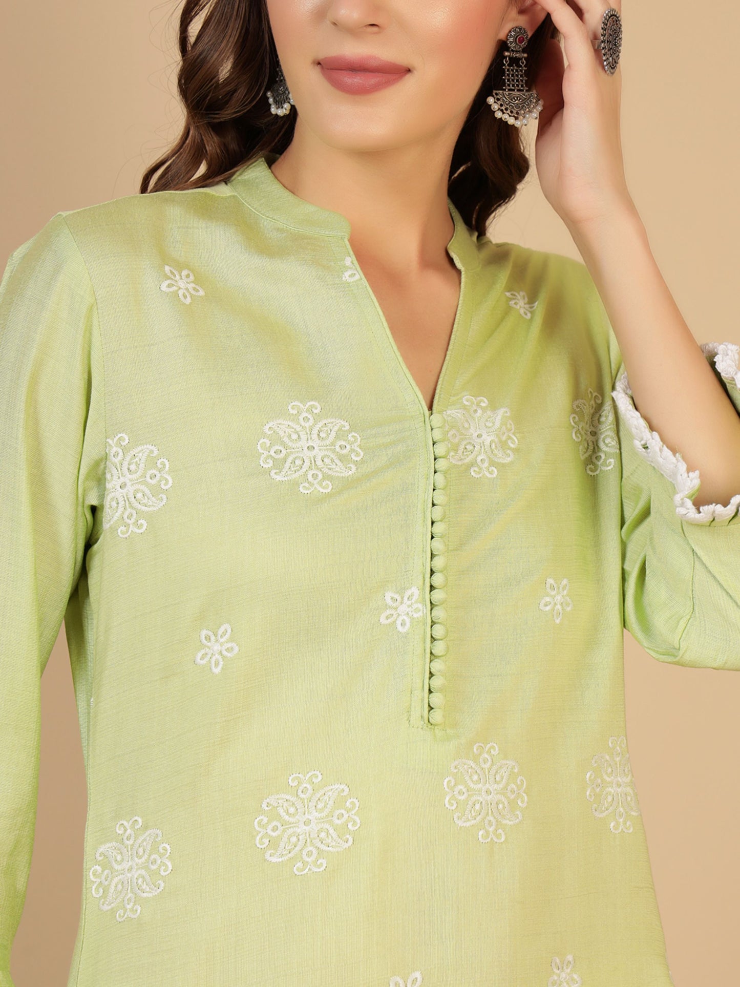 Pastel Green Embroidered Viscose Women's Kurta, Pyjama & Dupatta Set