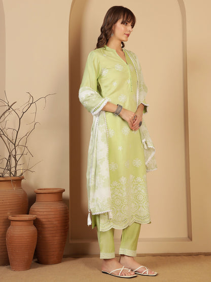 Pastel Green Embroidered Viscose Women's Kurta, Pyjama & Dupatta Set