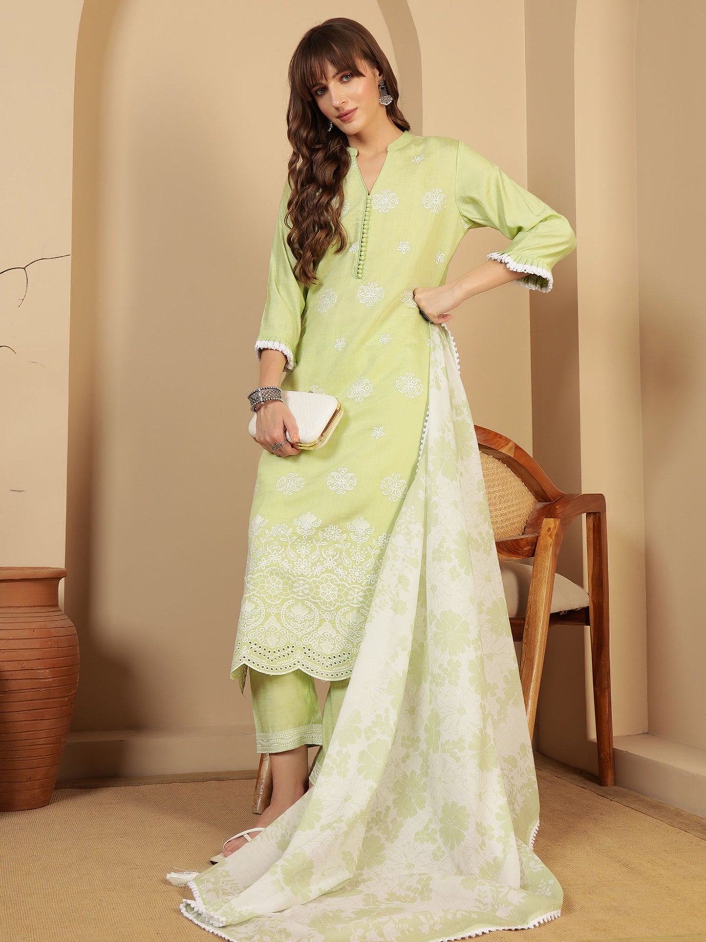Pastel Green Embroidered Viscose Women's Kurta, Pyjama & Dupatta Set