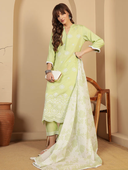 Pastel Green Embroidered Viscose Women's Kurta, Pyjama & Dupatta Set