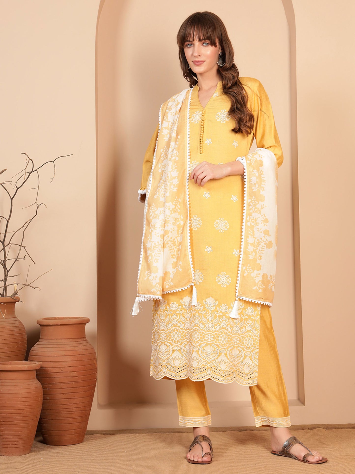 Daisy Yellow Embroidered Viscose Women's Kurta, Pyjama & Dupatta Set