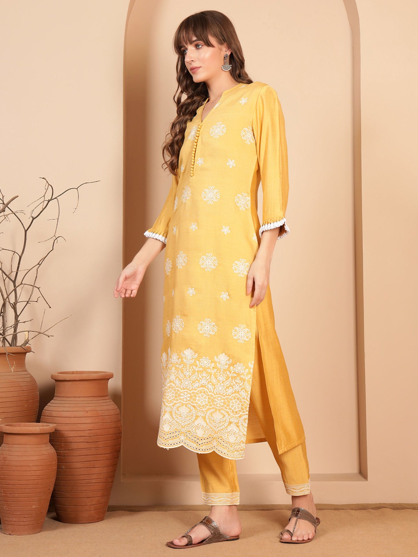 Daisy Yellow Embroidered Viscose Women's Kurta, Pyjama & Dupatta Set