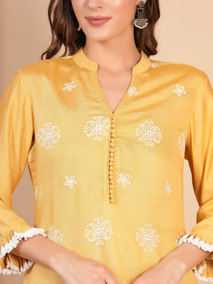 Daisy Yellow Embroidered Viscose Women's Kurta, Pyjama & Dupatta Set