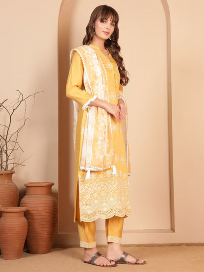 Daisy Yellow Embroidered Viscose Women's Kurta, Pyjama & Dupatta Set