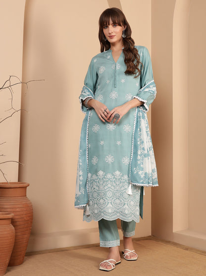 Powder Blue Embroidered Viscose Women's Kurta, Pyjama & Dupatta Set