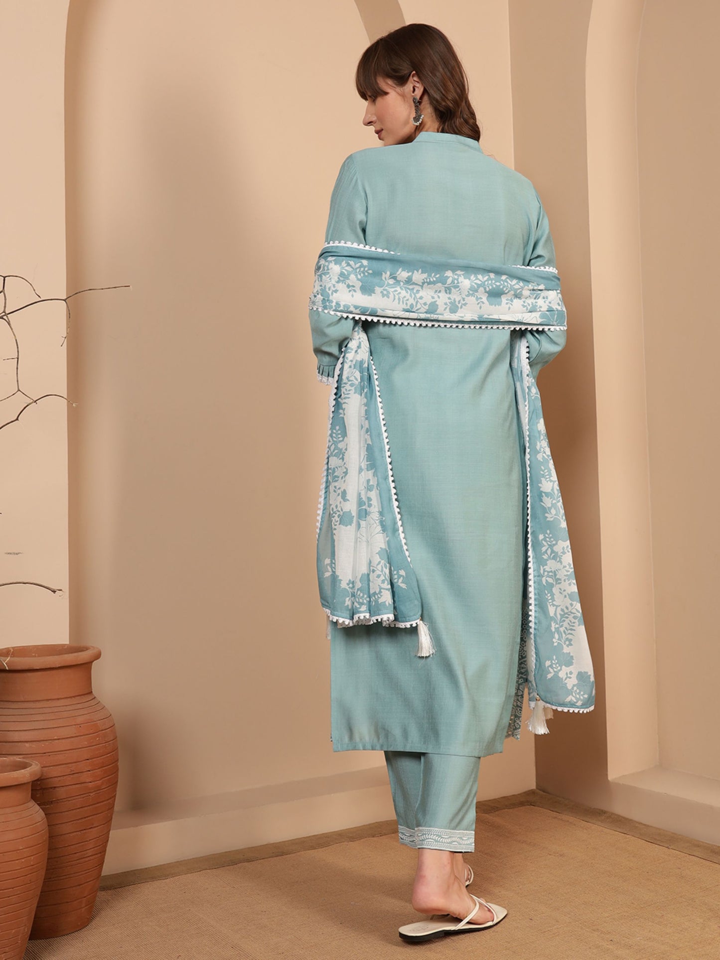 Powder Blue Embroidered Viscose Women's Kurta, Pyjama & Dupatta Set
